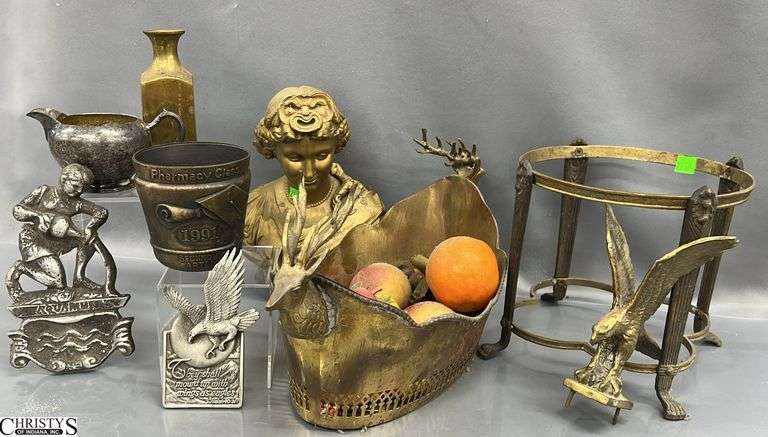 Cast Metal Bust, Brass Elk Motif Bowl, Brass Eagle and Misc Pieces - 10" of bust image
