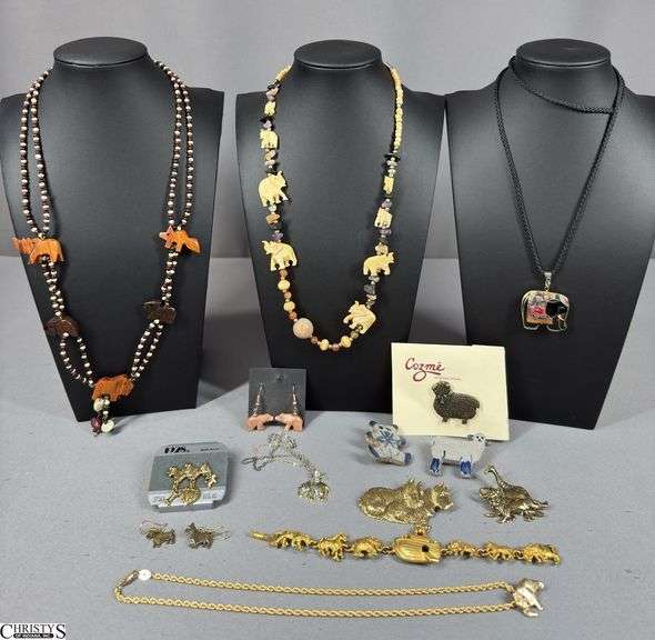 Jewelry with Animal Figures.  Includes 5 Necklaces, a Bracelet, 2 Pairs of Earrings and 6 Pins image