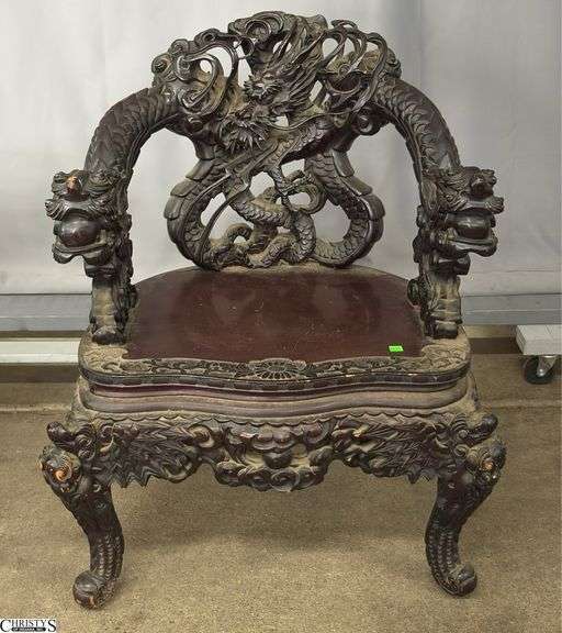 Chinese Dragon Motif Ornate Carved Chair - 25" x 34" - 16" seat image