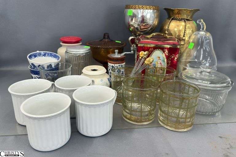 Cocktail Glasses, Mugs, Brass Tone Vase, Misc Glassware - 10" of tallest image