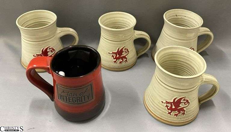 4 Welsh Dragon Pottery Mugs 4.75" One is Repaired and Used to Hold Pens, Man of Integrity Mug image