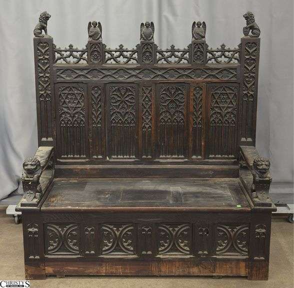 Early Carved French Renaissance Gothic Hall Chest Bench - 56" x 59" - 18" seat - left lion is chipped, split to left handle image