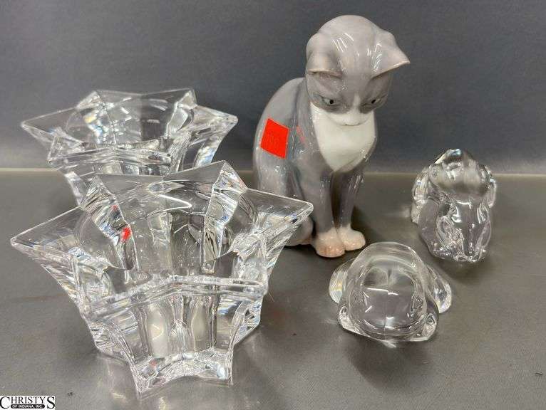 Bing & Grondahl Porcelain Cat, Villeroy & Boch Crystal Frog and Candlesticks, Crystal Rabbit - 5" of cat image