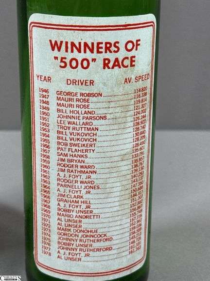 Indianapolis Memorial Day Classic 1967 Turbine-Powered Parnelli Jones Autographed Glass and a 7 UP Souvenir Bottle 500 Mile Race May 27, 1979 Autographed