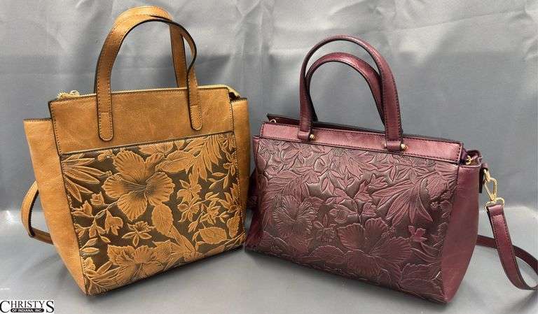 2 Mellow World Hibiscus and Floral Pattern Tote and Satchel Maroon and Tan Colors, 13" Wide 12" Tall image