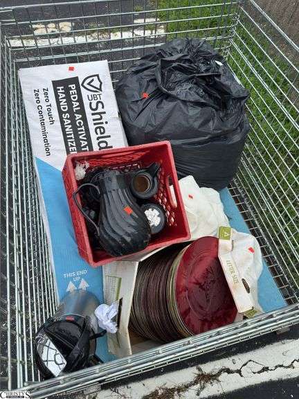 Crate of Restaurant Items, Coffee Crafts, Dispensers, Plastic Chargers, Hand Sanitize Stand, Crate Not Included image