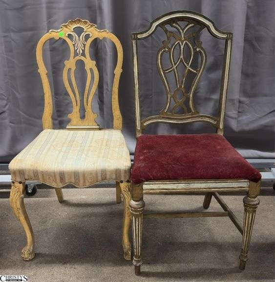 2 Neo Classical Style Side Chairs - 38" of tallest - wear and damage to trim and upholstery image