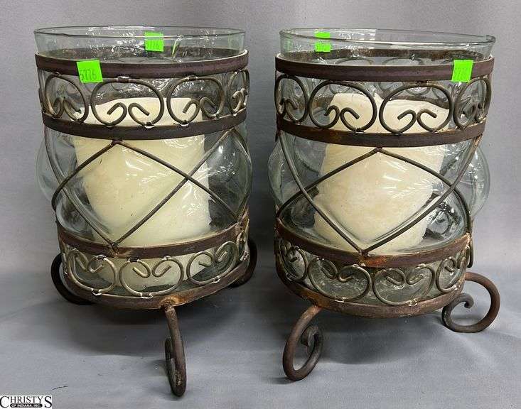 Pair Of Rubbed Oil Bronze and Glass Candle Holders 8"x12.5" image