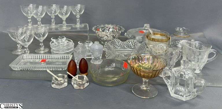 Clear Glassware, Salt Cellars, Ashtrays, Stems, Misc - 7.5" of largest image