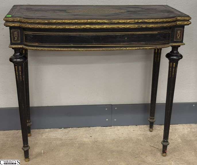 French Louis XVI Style Ebonized Brass Inlaid Game Table - 33" x 16" x 30" - some missing trim, wear to game top surface image