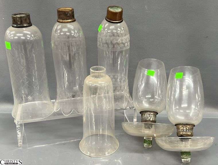 Etched Glass Hurricane Shades, Candelabra Parts - 11" of tallest, some damage image