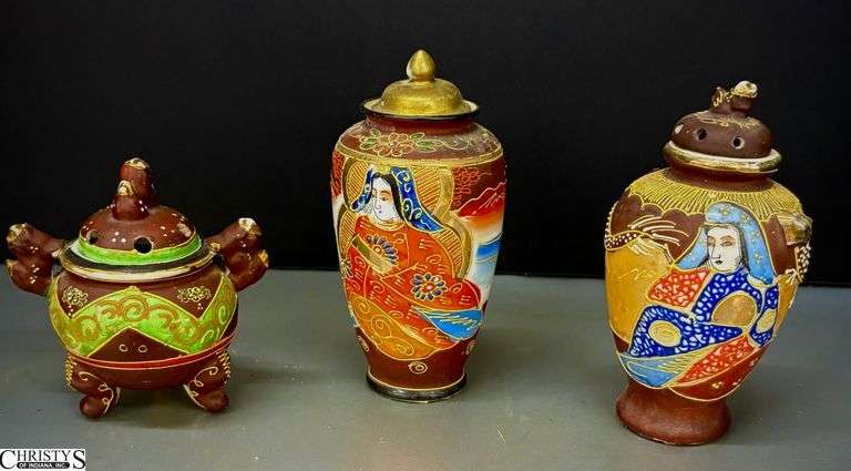 3 Japanese Satsuma Moriage Vases and Censer - 6" of tallest image