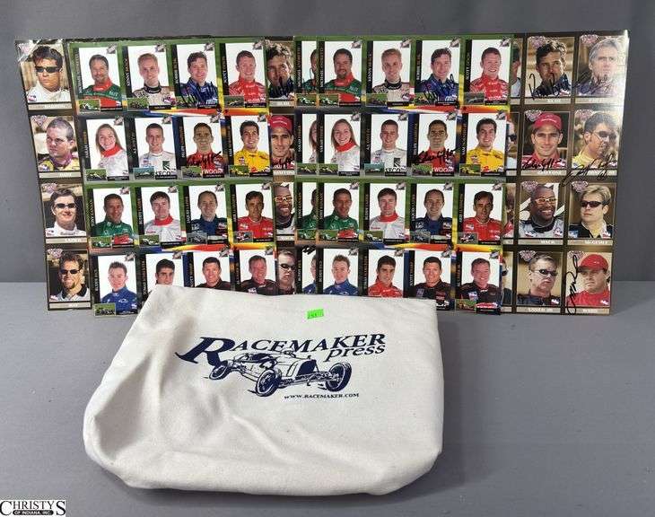 6 Uncut Sheets of Indianapolis 500 Trading Cards in a Racemaker Press Canvas Tote.  Some Cards are Autographed.  Michael Andretti, Kenny Brack, Robbie Buhl, Scott Dixon, Felipe Giaffone, Buddy Lazier, Tomas Scheckter, Eddie Chever Jr., Jeff Ward, Sam Hornish Jr. image