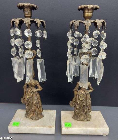 Pair Antique Gilt Brass Figural Motif Girandoles - 14" of each - missing some prisms image