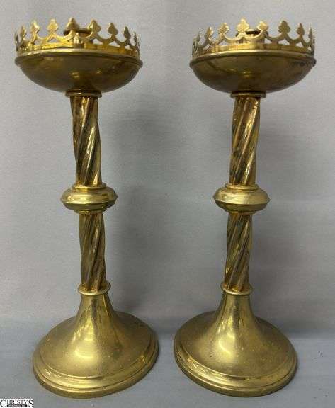 Pair of Barley Twist Gothic Revival Brass Candle Sticks 14" image