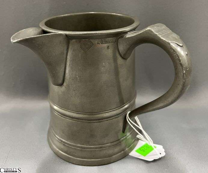 Pewter Tavern Tankard Marked VR29, Quart 6, and Horse Engraving on Front, G on Thumb image