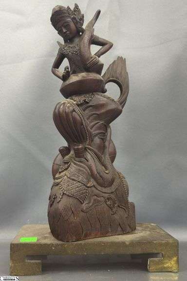 Asian Influence Thai Teak Carvings on Brass Base - 14" image