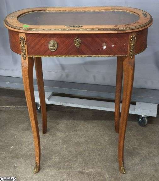 French Vitrine Display Accent Glass Top Table - 24" x 14" x 27.5" - shows finish wear, missing hardware, lock does not appear to work image