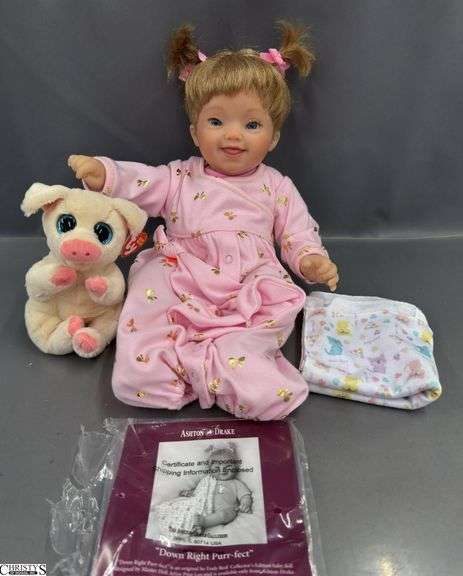 Ashton-Drake Gallery Down Right Purr-Fect Baby Doll In Pink Outfit image
