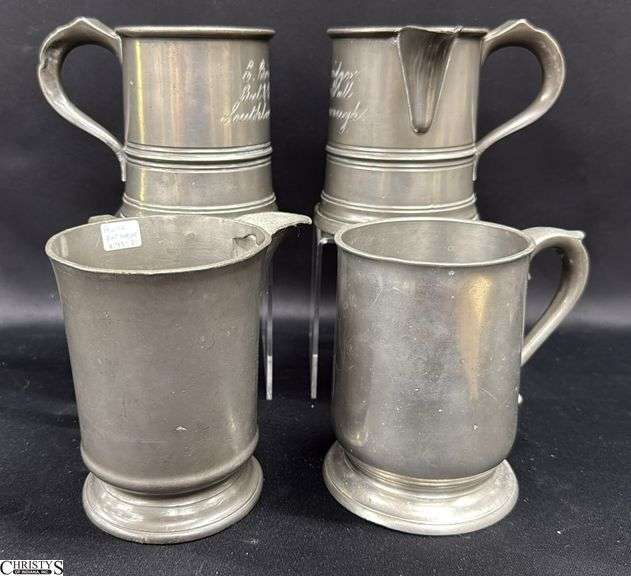 4 Pewter Tankards, 3 Engraved Tavern Pour and Single Crown & Rose London, Sanders & Sons, Pewter Pint image