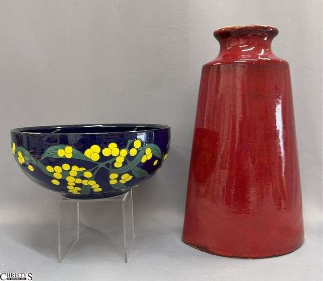 Pottery Signed Lemon Motif Bowl, and Large Crimson Vase Tallest 14.5" image