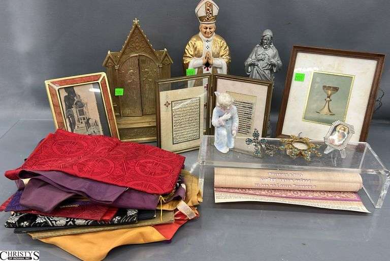 Pope Decanter, Framed Religious Prints, Stoles, Misc - 12" of tallest image