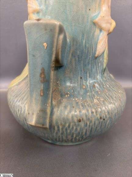 Roseville Double Handle Blue Clematis Vase 7.25"