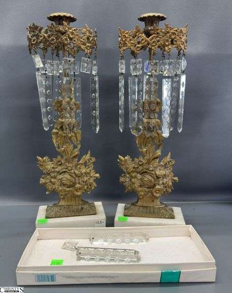Pair Antique Gilt Brass Floral Motif Girandoles - 17" of each, missing some prisms image