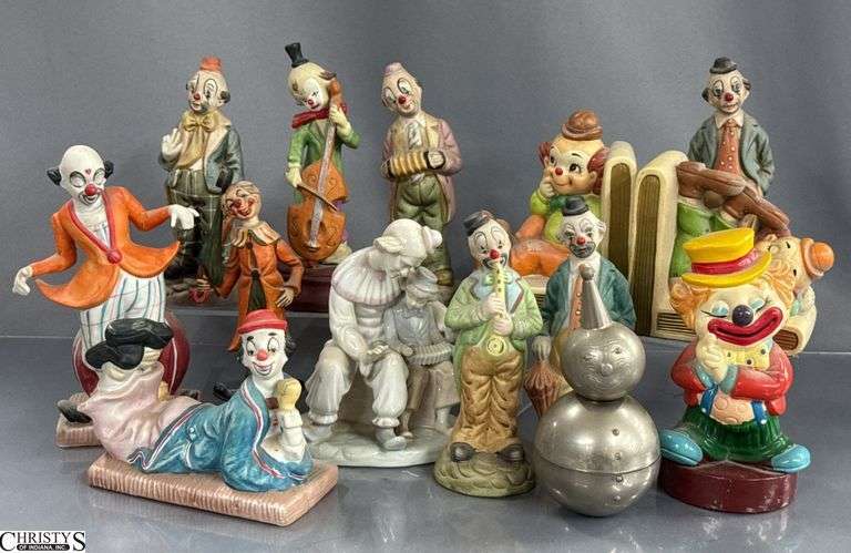 Clown Collectibles, Roly Poly Clown Bank, Lefton Bookends, Marked Taiwan Figurines, And Composite Bank, Tallest 8" image