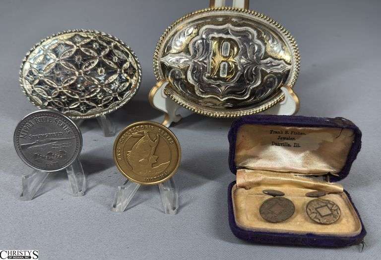 2 Belt Buckles, a Pair of Cuff Links in a Frank B. Fisher Jeweler Danville, ILL. Box, a National Rifle Association Metal and a Bass Collector Series Metal image