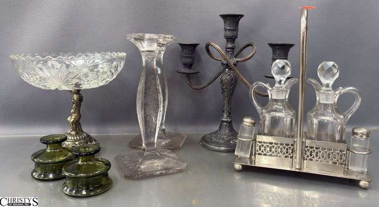 Compote, Etched Candle Holders, Cruet, Candelabra Tallest 9.5"x10" image