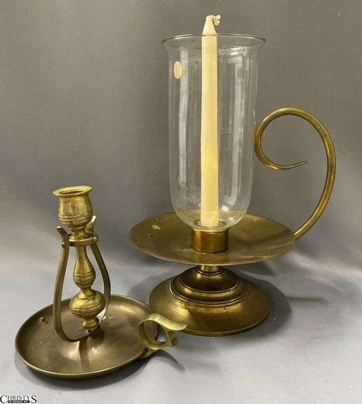 Brass Hurricane Large Drip Catch Chamberstick with Glass Shade and Nautical Candle Stick, Some Wear, Tallest 12.5" image