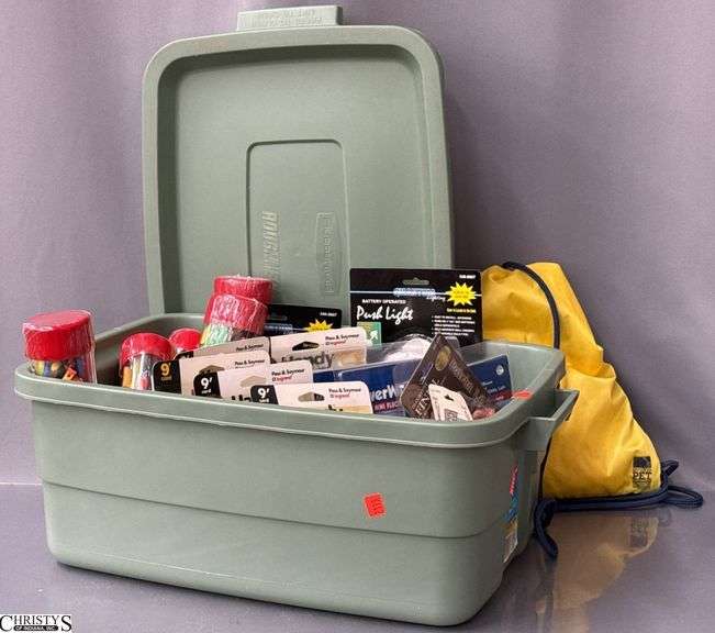 Tote with Smoke Detectors, Extension Cords, Other Household Items image