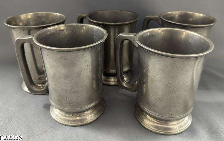 5 Pewter Square Handle Pint Tankards, See Photos For Marks image