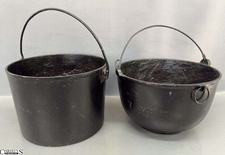 Painted Iron Pots With Handles, One Marked Wagner Has Holes Drilled See Photos 10" Across image
