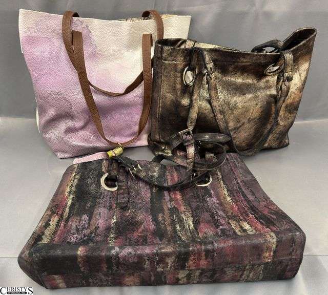 3 Large Tote Handbags, Papaya Art With Tassel, and 2 Metallic CoFi Brand Bags, 15"x13" image