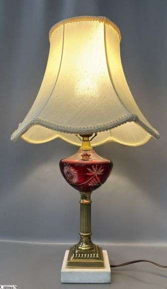 Bohemian Ruby Cut to Clear and Brass Table Lamp 21" image