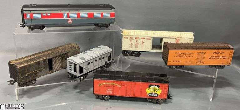 6 Unboxed Train Cars, Monon Passenger, Pennsylvania 70311 Boxcar, Pacific Fruit Express, Circle City Beer, Salty Lee Ham, Lots of Wear image