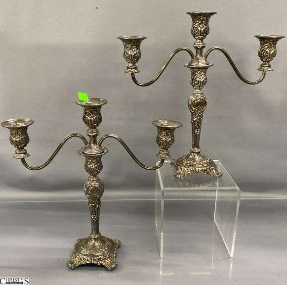 WM Rogers & Son Pair of Plated Triple Flame Candelabras 13.75x13" Tall image