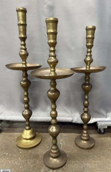 3 Brass Altar Candle Sticks With Intricate Details With Drip Plates Tallest 41" image