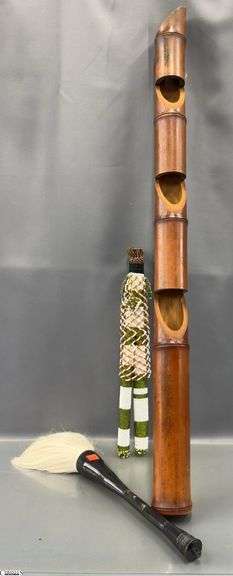 South African Beaded Doll, Chinese Calligraphy Brush, and Japanese Bamboo Flute - 38" of flute image
