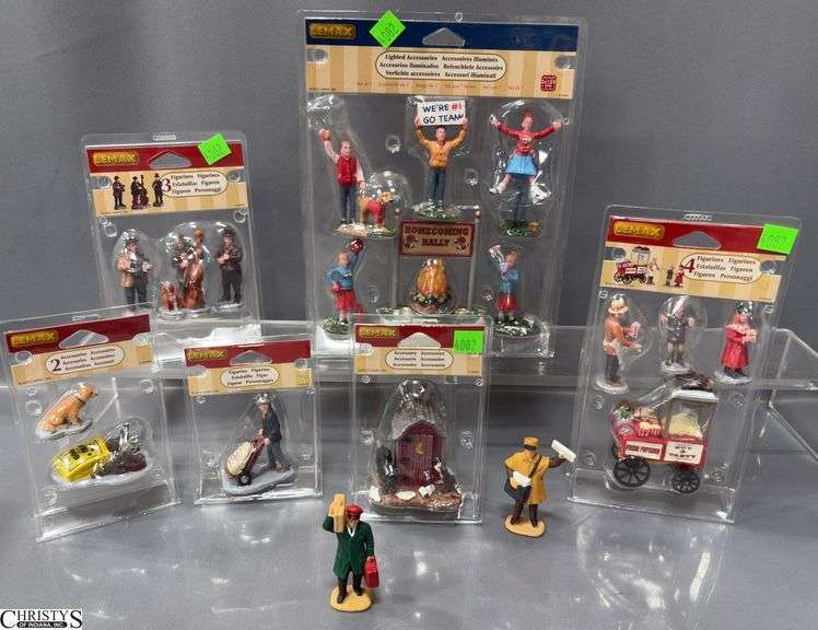 Lemax Figurines in Packages, Homecoming Rally, Fresh Popcorn, Music Band, Outhouse and Dogs image