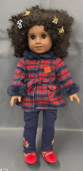 American Girl Doll, Curly Dark Hair, Red Plaid Coat, Red Shoes image