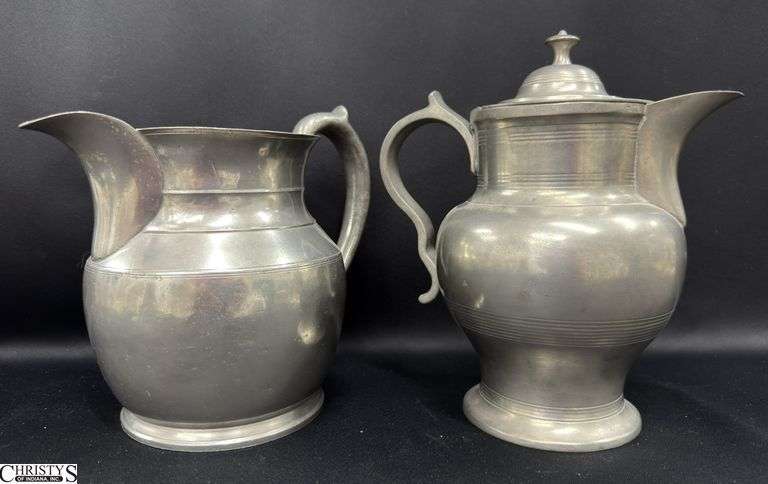2 Pewter Pitchers D Curtis and Hinged Lid, Tallest 9.5" image