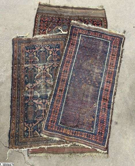3 Vintage Middle Eastern Rugs - 40" x 78" of largest - Shows wear, staining, threadbare image