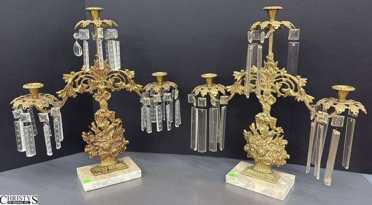 Pair Antique Gilt Brass Floral Motif Girandoles - 17.5" of each, missing some prisms image