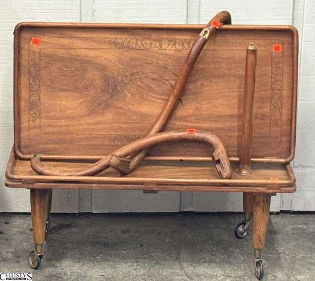Carved Teak Bar Cart - Needs Repair - 29" x 14" x 12" of base piece image