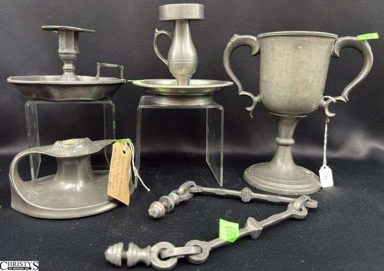 5pcs Pewter, Chambersticks and Loving Cup James Dixon 7.5", Primitive Style Chain Handle For Pot or Pitcher image