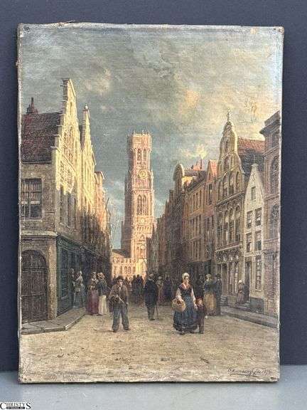 1874 Signed Charles Euphrasie Kuwasseg European Street Scene, Bruges. (Belgiques) Marked to verso  - 9.5" x 13" of stretcher - does show edge wear to canvas, toning image