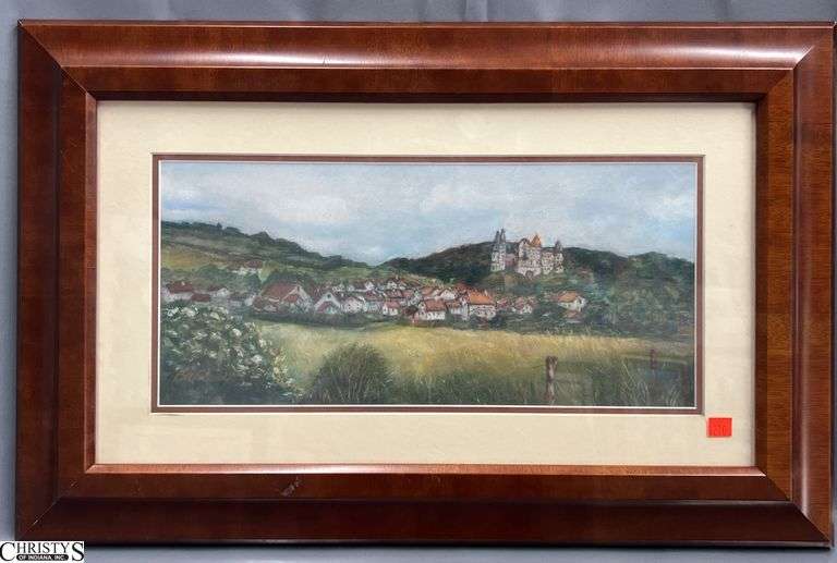 Signed B. Wilson European Rural Town Scene Pastel - 27.5" x 17.5" of frame image